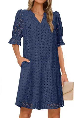 MEROKEETY Women's 2025 Summer Short Sleeve Mini Dress V Neck Ruffle Hollow Out Eyelet Lace Dresses