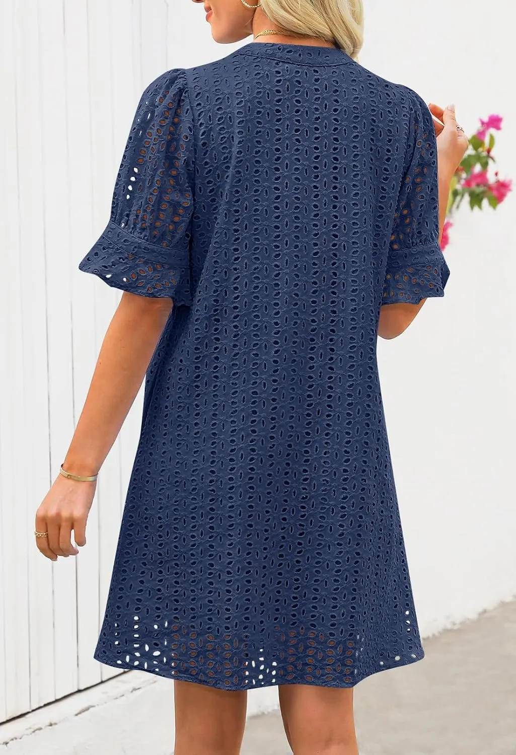 MEROKEETY Women's 2025 Summer Short Sleeve Mini Dress V Neck Ruffle Hollow Out Eyelet Lace Dresses