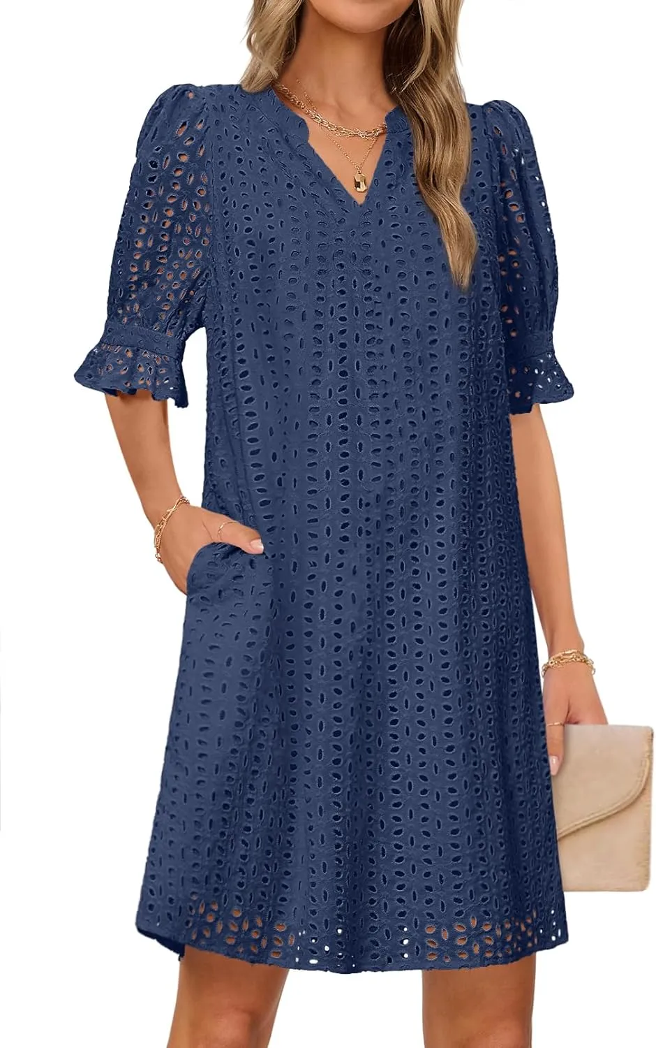 MEROKEETY Women's 2025 Summer Short Sleeve Mini Dress V Neck Ruffle Hollow Out Eyelet Lace Dresses