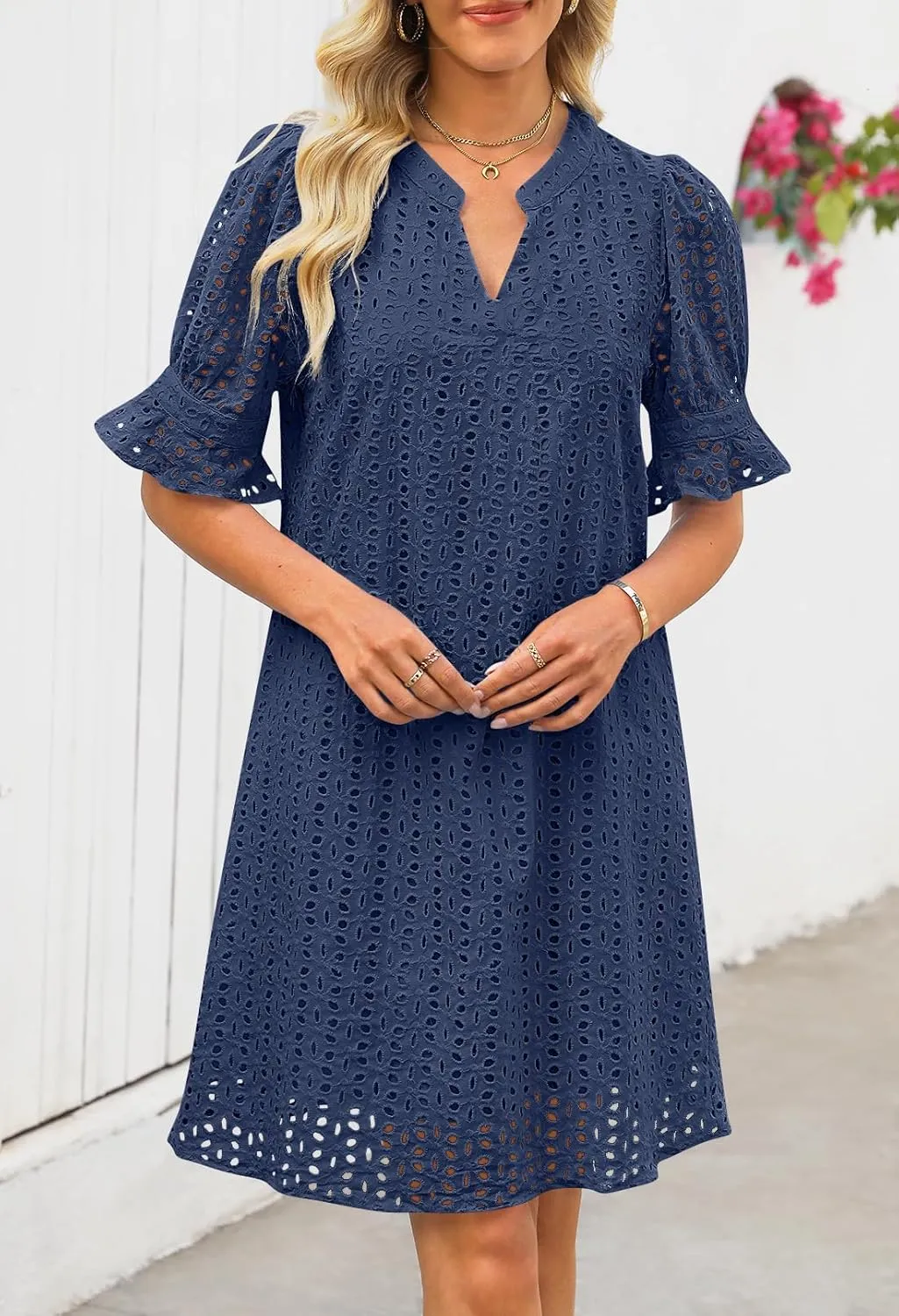 MEROKEETY Women's 2025 Summer Short Sleeve Mini Dress V Neck Ruffle Hollow Out Eyelet Lace Dresses