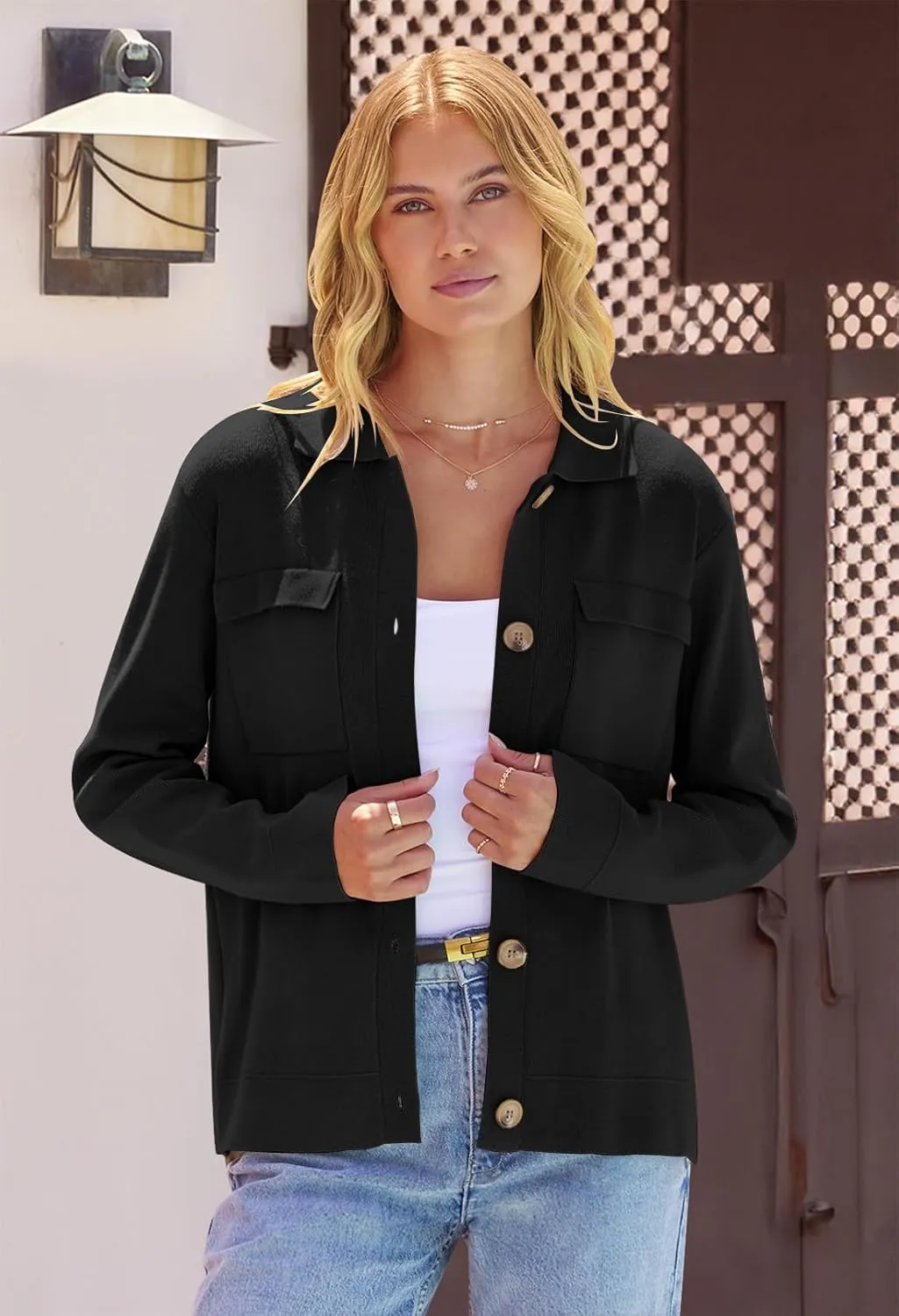 MEROKEETY Women's Long Sleeve Cardigan Sweaters Open Front Button Knit Shacket Jacket with Pockets