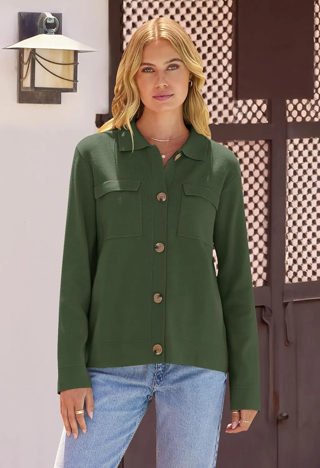 MEROKEETY Women's Long Sleeve Cardigan Sweaters Open Front Button Knit Shacket Jacket with Pockets