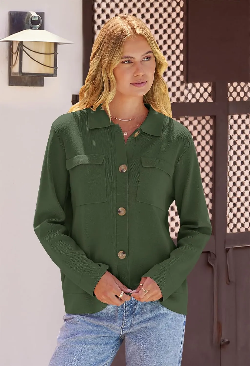 MEROKEETY Women's Long Sleeve Cardigan Sweaters Open Front Button Knit Shacket Jacket with Pockets