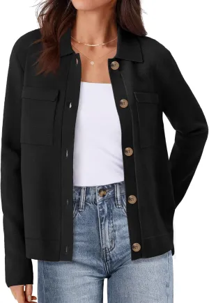 MEROKEETY Women's Long Sleeve Cardigan Sweaters Open Front Button Knit Shacket Jacket with Pockets