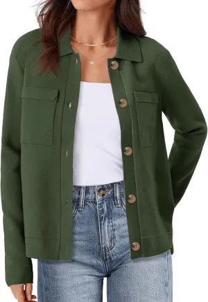 MEROKEETY Women's Long Sleeve Cardigan Sweaters Open Front Button Knit Shacket Jacket with Pockets