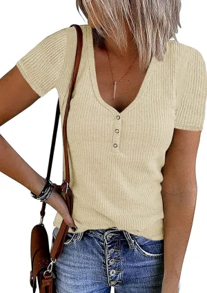 MEROKEETY Women's Summer Short Sleeve V Neck T Shirts Casual Ribbed Button Henley Knit Tops Blouse