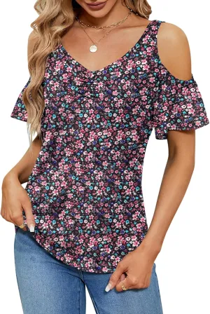Micoson Cold Shoulder Tops for Women Summer Short Sleeve Shirts Ladies Floral Ruched Blouse Classic Cute V Neck Tunic