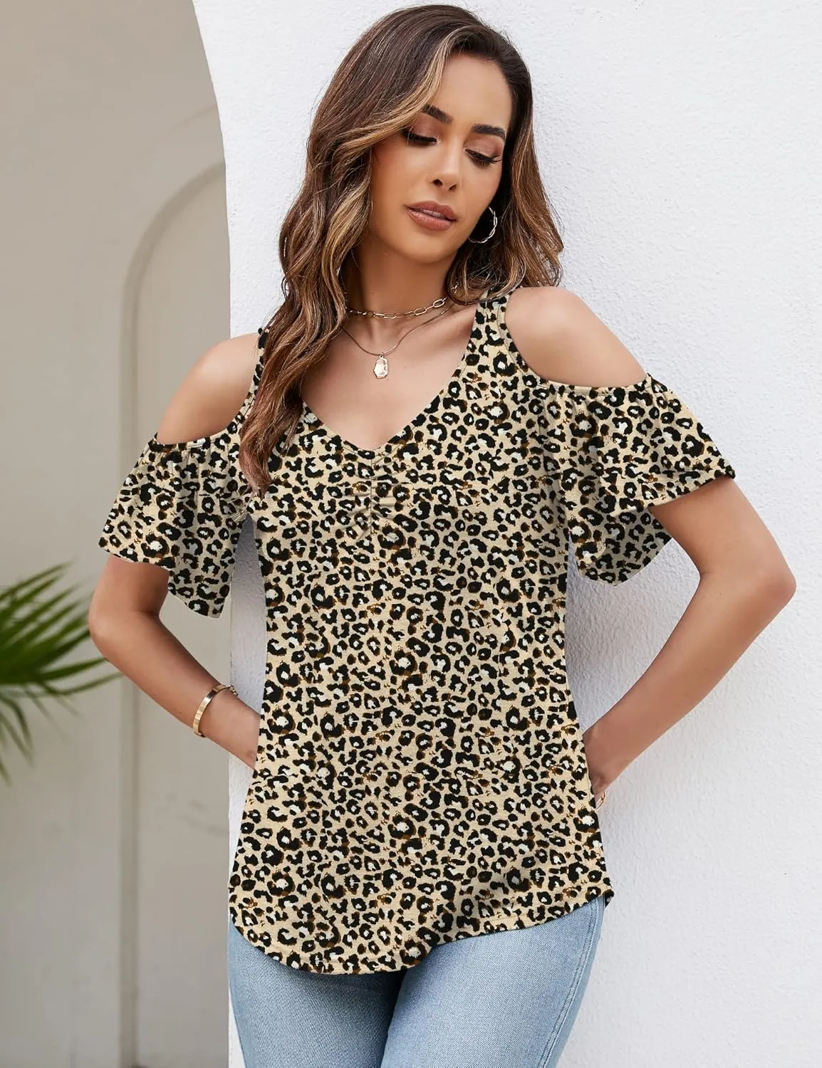 Micoson Cold Shoulder Tops for Women Summer Short Sleeve Shirts Ladies Floral Ruched Blouse Classic Cute V Neck Tunic