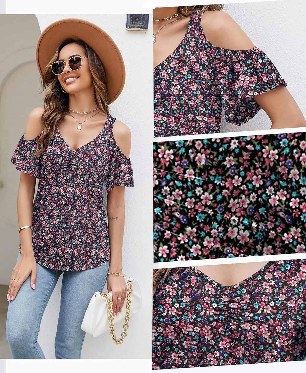 Micoson Cold Shoulder Tops for Women Summer Short Sleeve Shirts Ladies Floral Ruched Blouse Classic Cute V Neck Tunic