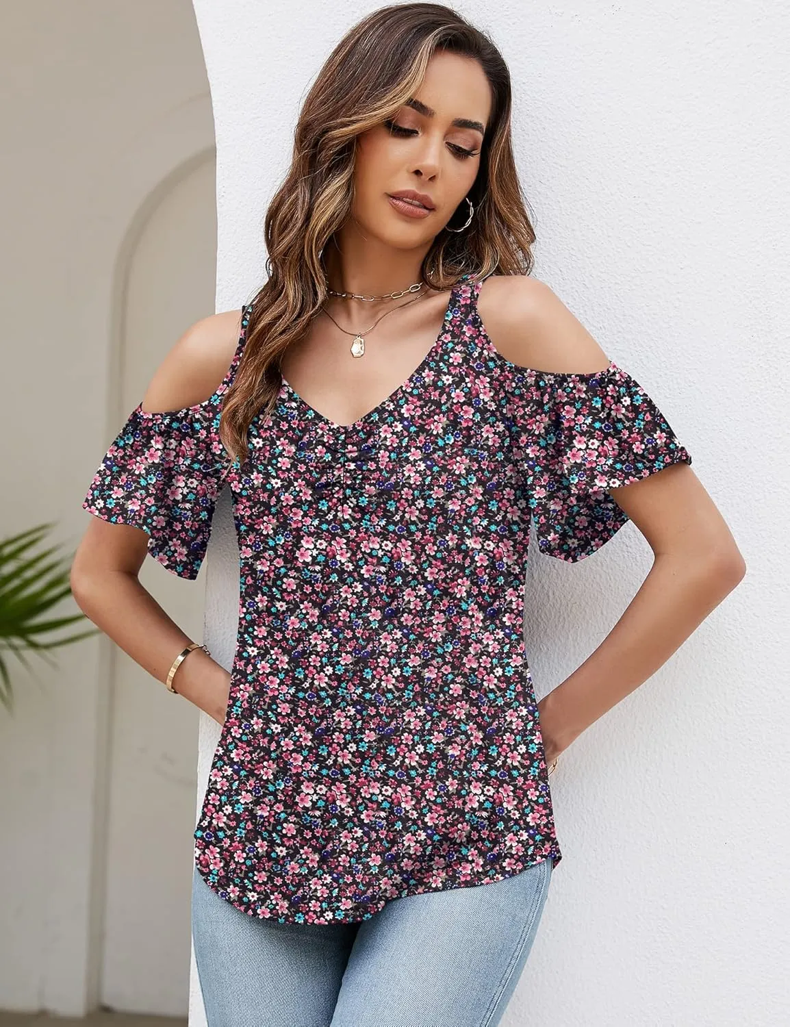 Micoson Cold Shoulder Tops for Women Summer Short Sleeve Shirts Ladies Floral Ruched Blouse Classic Cute V Neck Tunic
