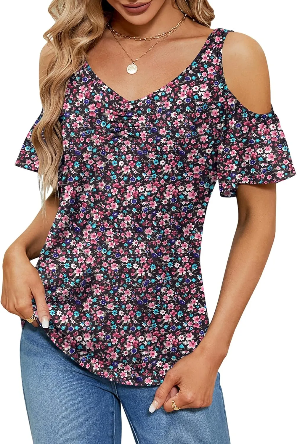 Micoson Cold Shoulder Tops for Women Summer Short Sleeve Shirts Ladies Floral Ruched Blouse Classic Cute V Neck Tunic