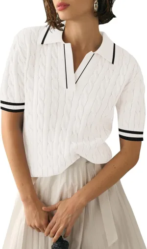 Micoson Womens Short Sleeve Sweater Tops Lapel V Neck Loose Shirts 2025 Summer Cable Knit Business Casual Outfits