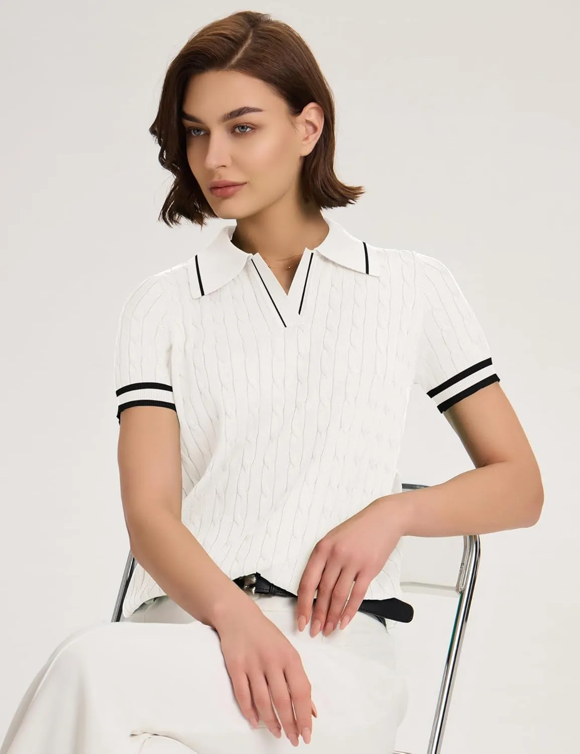 Micoson Womens Short Sleeve Sweater Tops Lapel V Neck Loose Shirts 2025 Summer Cable Knit Business Casual Outfits