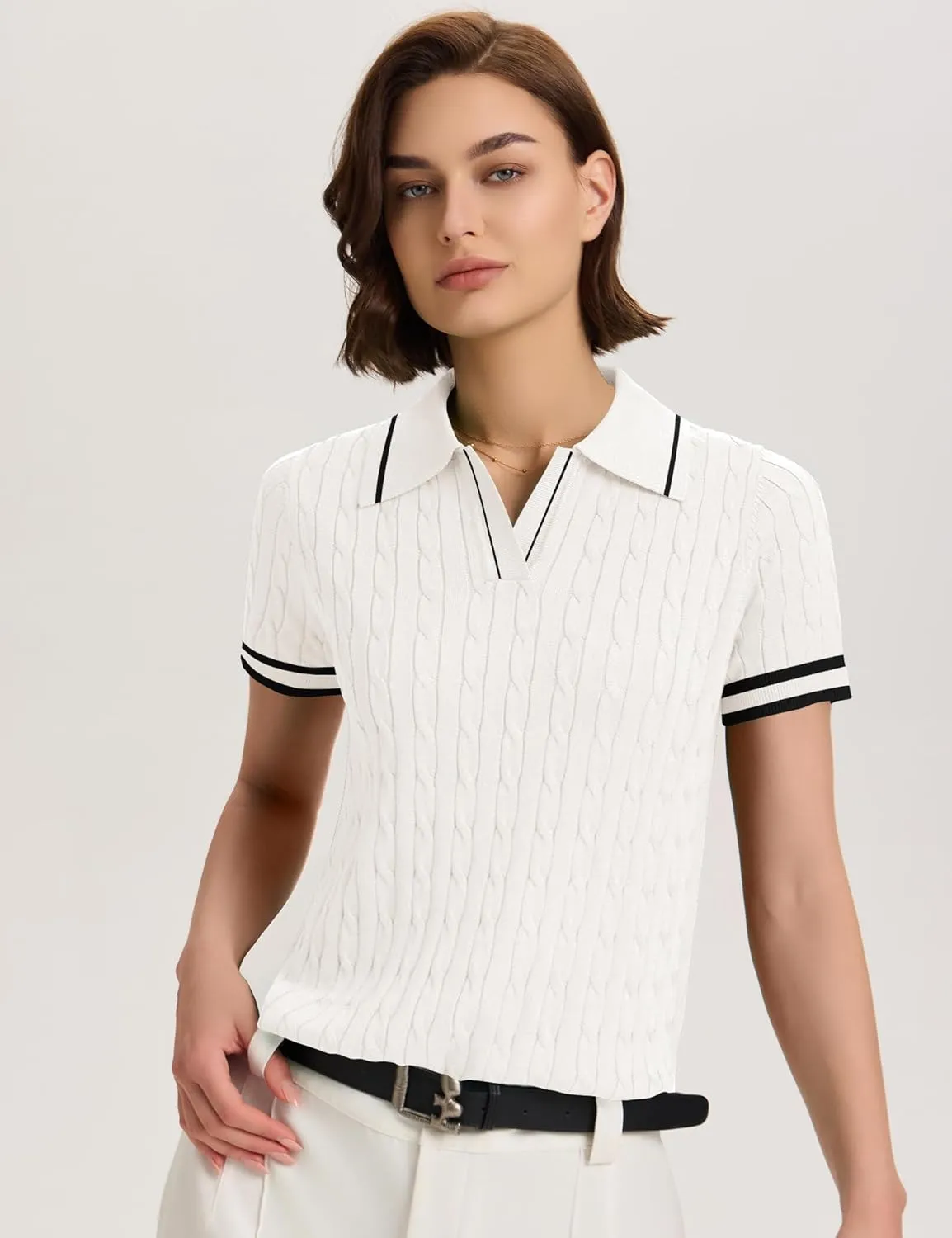 Micoson Womens Short Sleeve Sweater Tops Lapel V Neck Loose Shirts 2025 Summer Cable Knit Business Casual Outfits