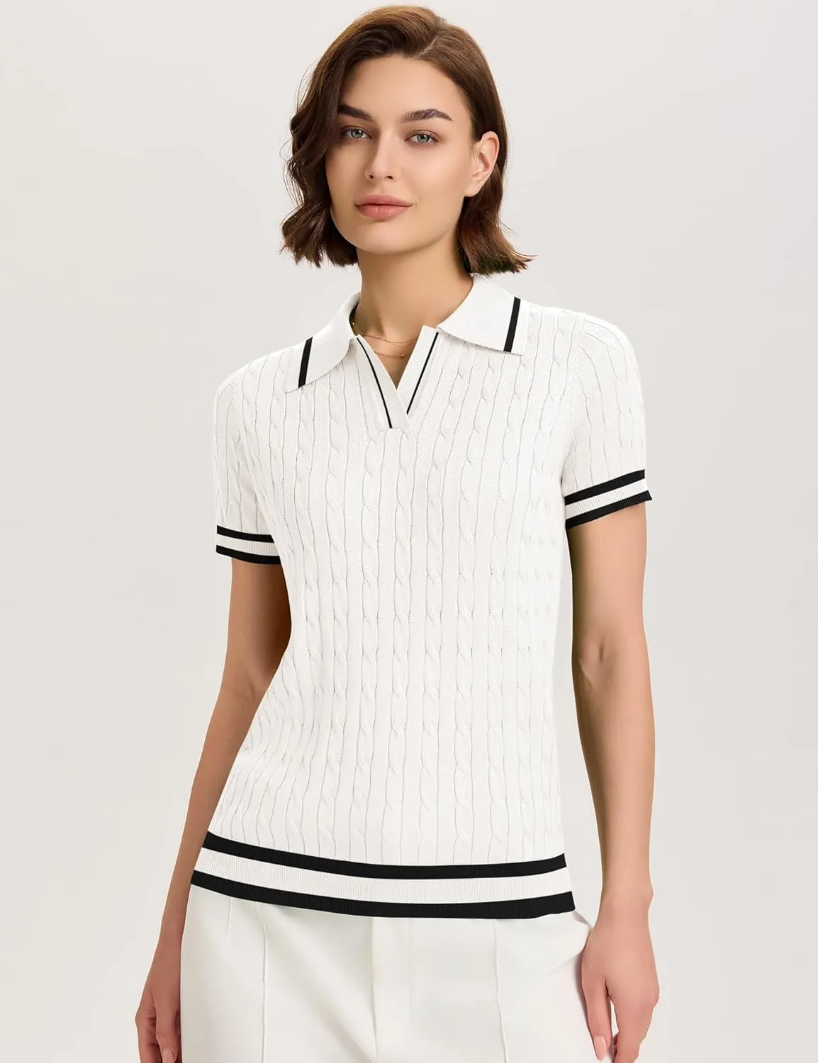 Micoson Womens Short Sleeve Sweater Tops Lapel V Neck Loose Shirts 2025 Summer Cable Knit Business Casual Outfits