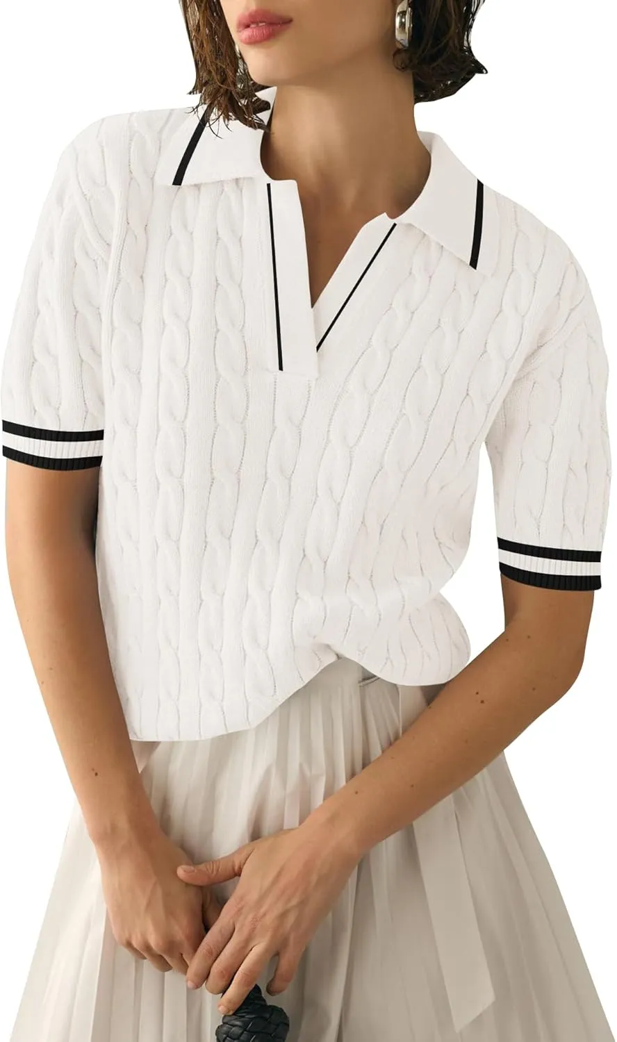 Micoson Womens Short Sleeve Sweater Tops Lapel V Neck Loose Shirts 2025 Summer Cable Knit Business Casual Outfits