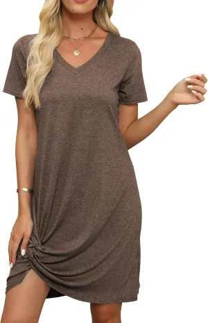 Miselon Tshirt Dresses for Women - Short Sleeve V Neck Knot T Shirt Dress Casual Summer Beach Sundresses