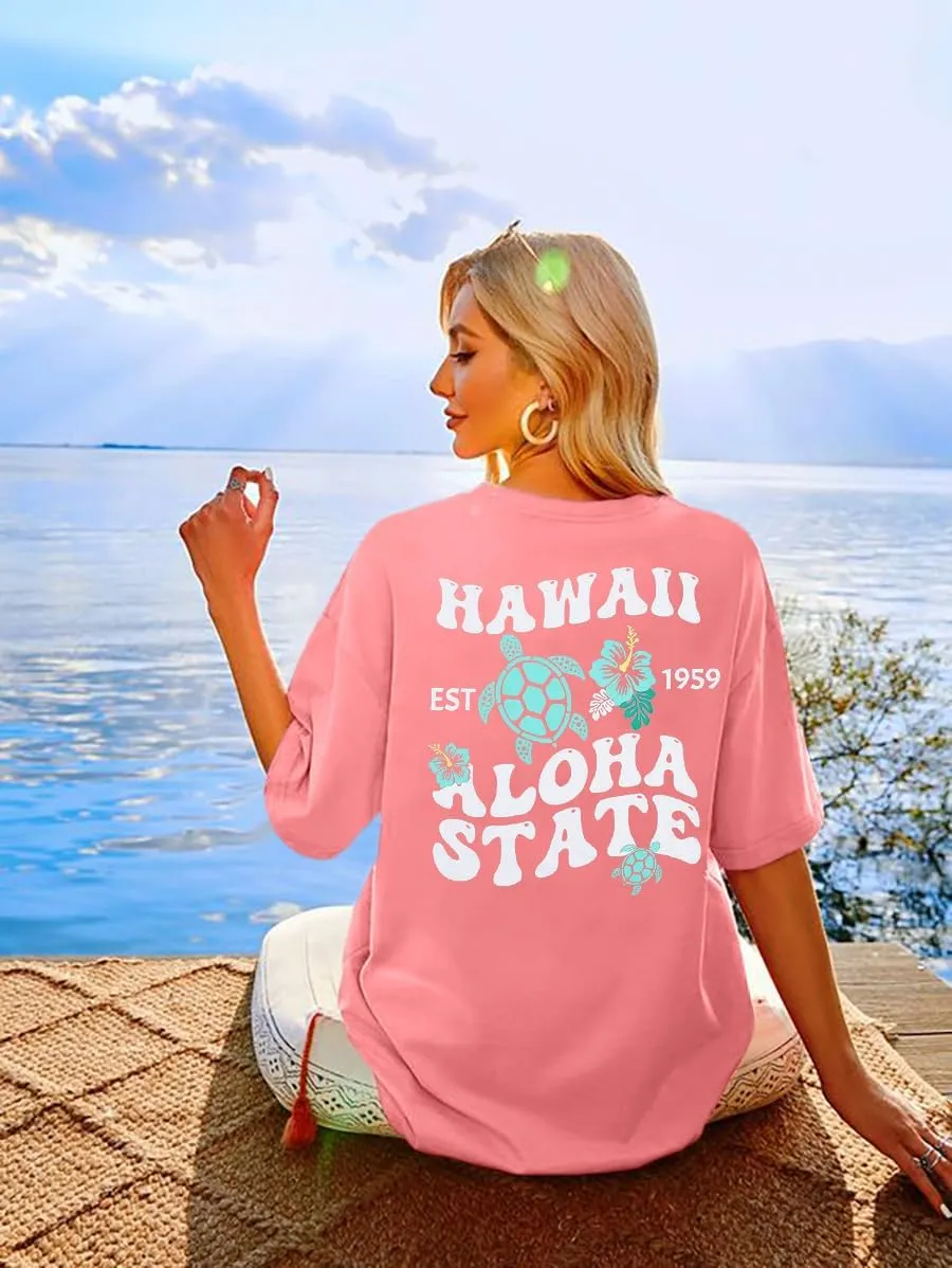 MNLYBABY Hawaiian Shirt Women Oversized Hawaii Graphic Shirts Hawaii Flowers Shirt Girls Preppy Casual Summer Vacation Tops