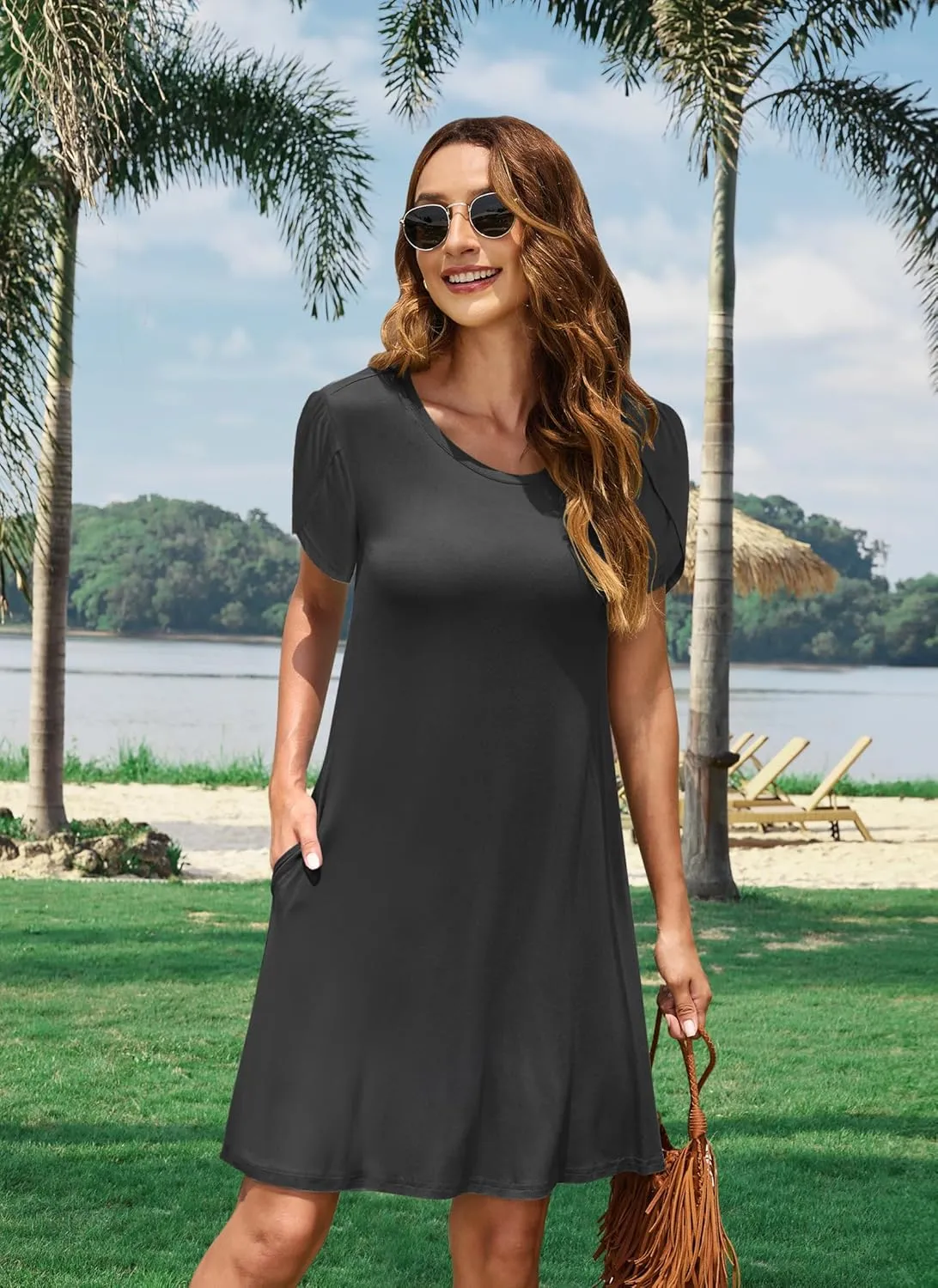 MOLERANI Summer Dresses for Women 2024 Casual T Shirt Crewneck Petal Sleeve Swing Vacation Dress with Pockets