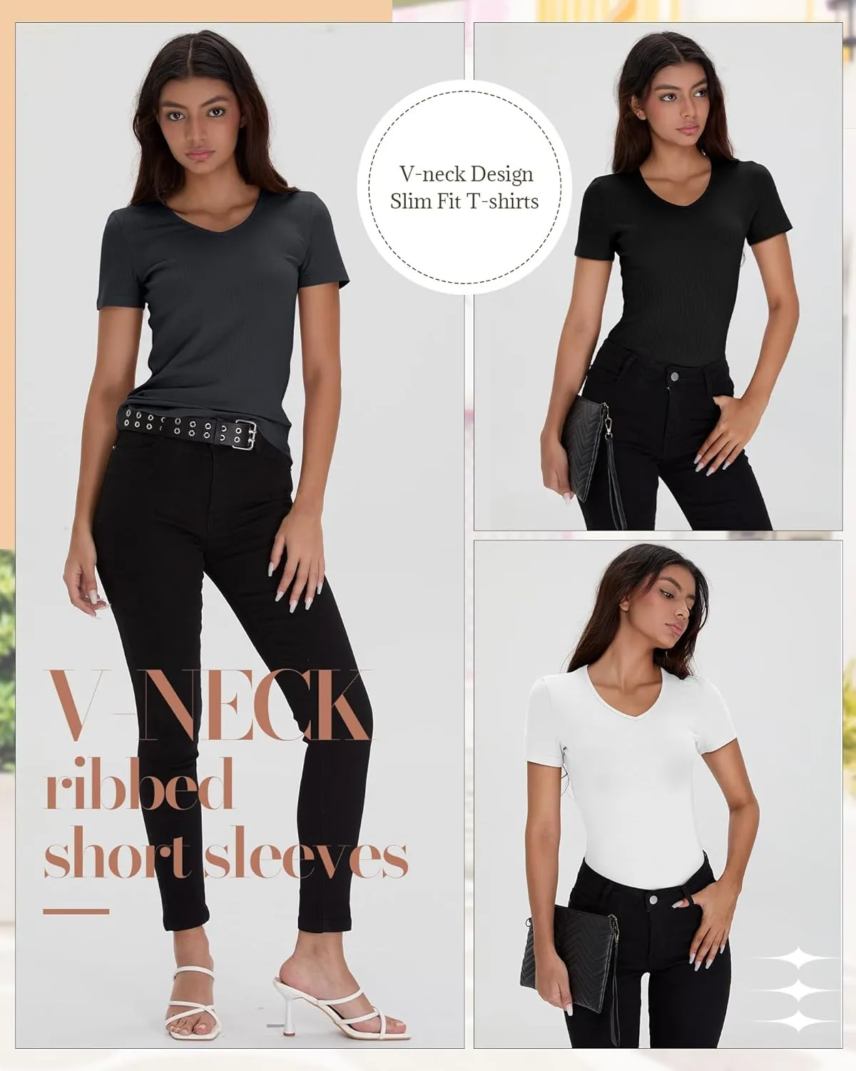 Neer 4 Pack Women's Cotton V Neck T-Shirts Short Sleeve Ribbed Slim Fit Tops Ladies' Casual Summer Basic Tee Multipack