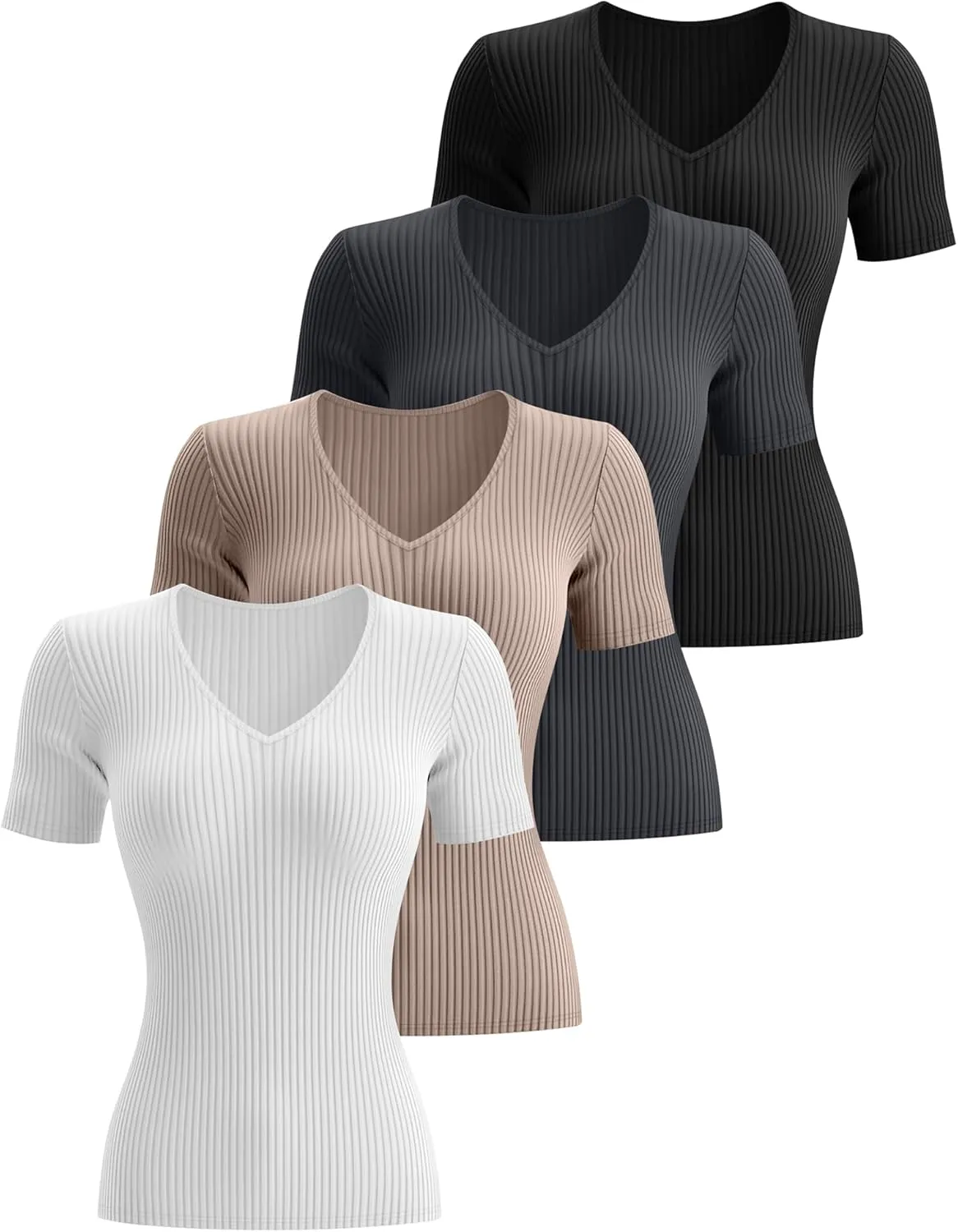 Neer 4 Pack Women's Cotton V Neck T-Shirts Short Sleeve Ribbed Slim Fit Tops Ladies' Casual Summer Basic Tee Multipack