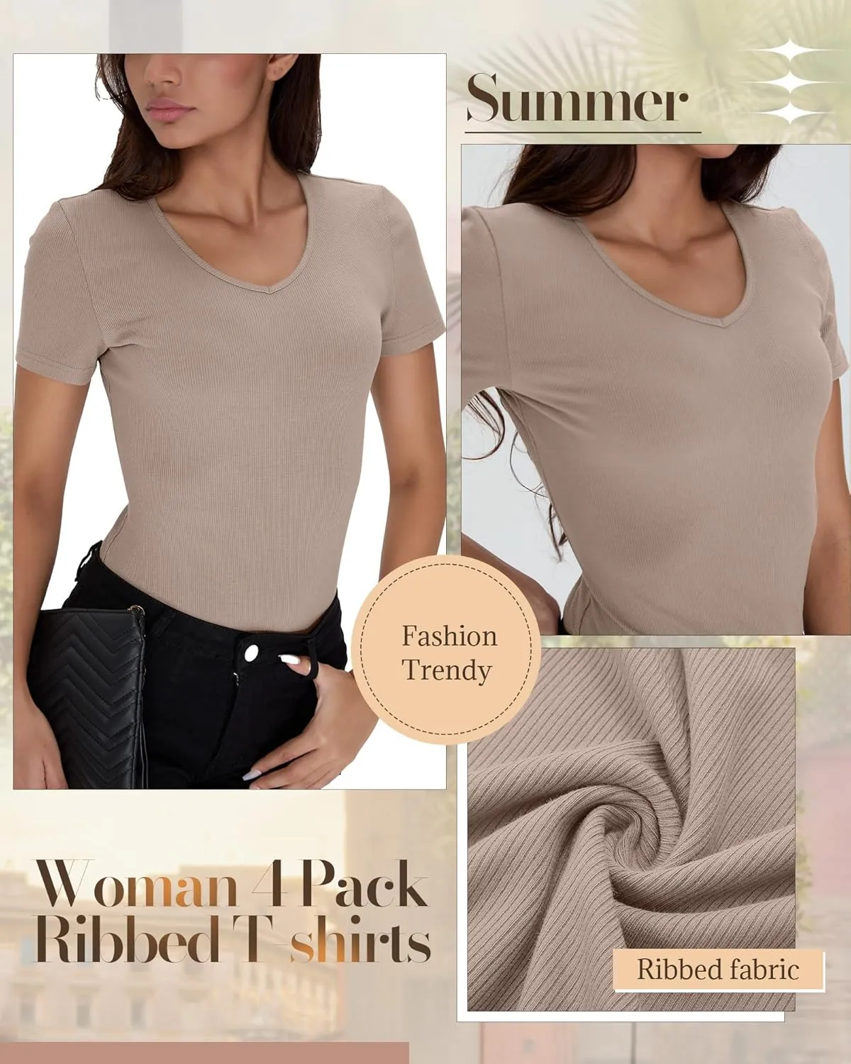 Neer 4 Pack Women's Cotton V Neck T-Shirts Short Sleeve Ribbed Slim Fit Tops Ladies' Casual Summer Basic Tee Multipack