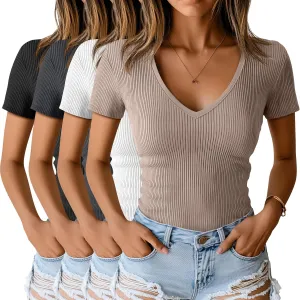 Neer 4 Pack Women's Cotton V Neck T-Shirts Short Sleeve Ribbed Slim Fit Tops Ladies' Casual Summer Basic Tee Multipack
