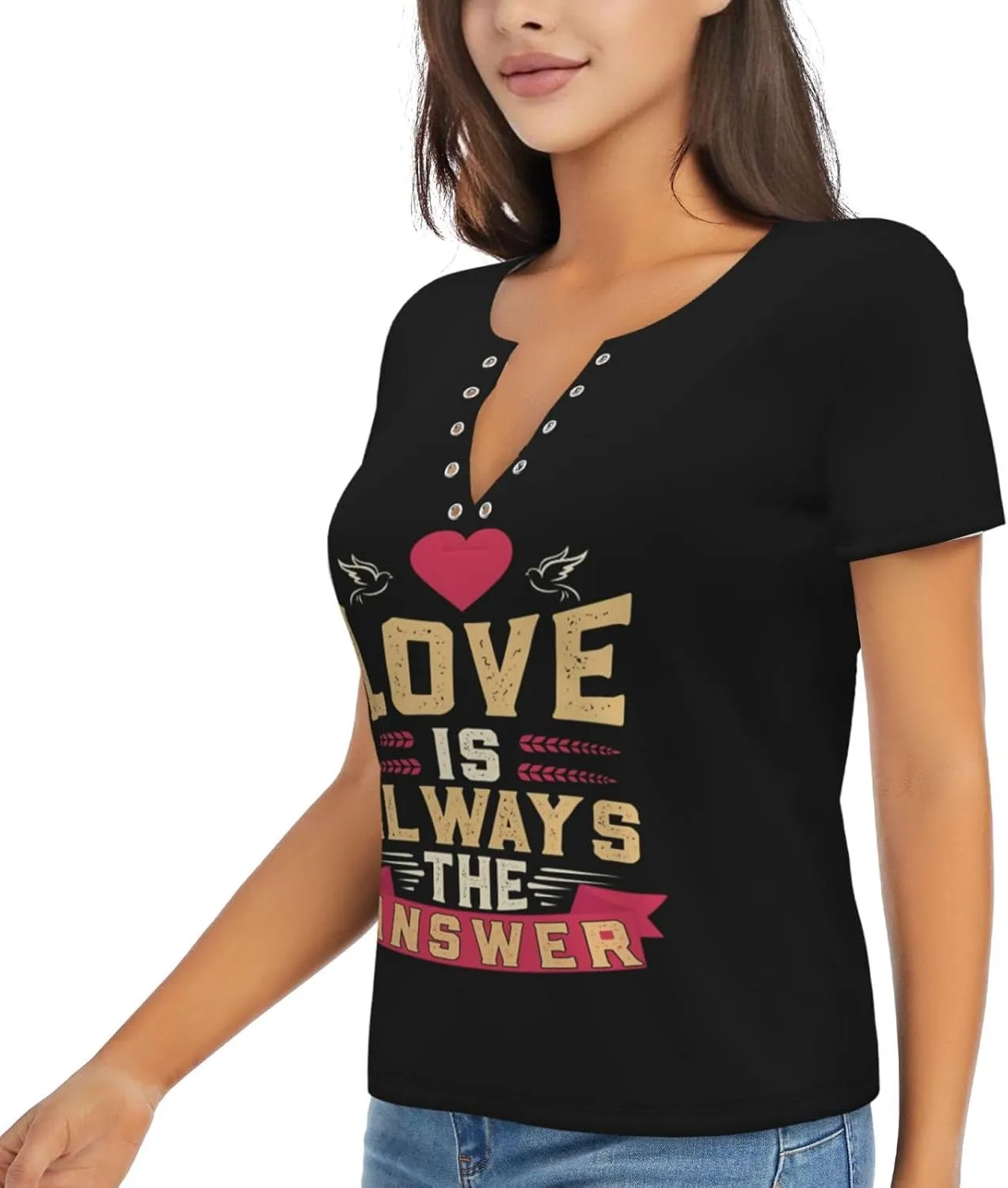 Never Give Up Womens Deep v Neck T-Shirts Short Sleeve Shirts Casual Tee Tops Slim Fit T-Shirt