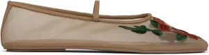 Nude Mesh Ballet Flats for Women Embroidered Flowers Fashion Mary Jane Shoes Comfortable and Elegant Footwear Size 6