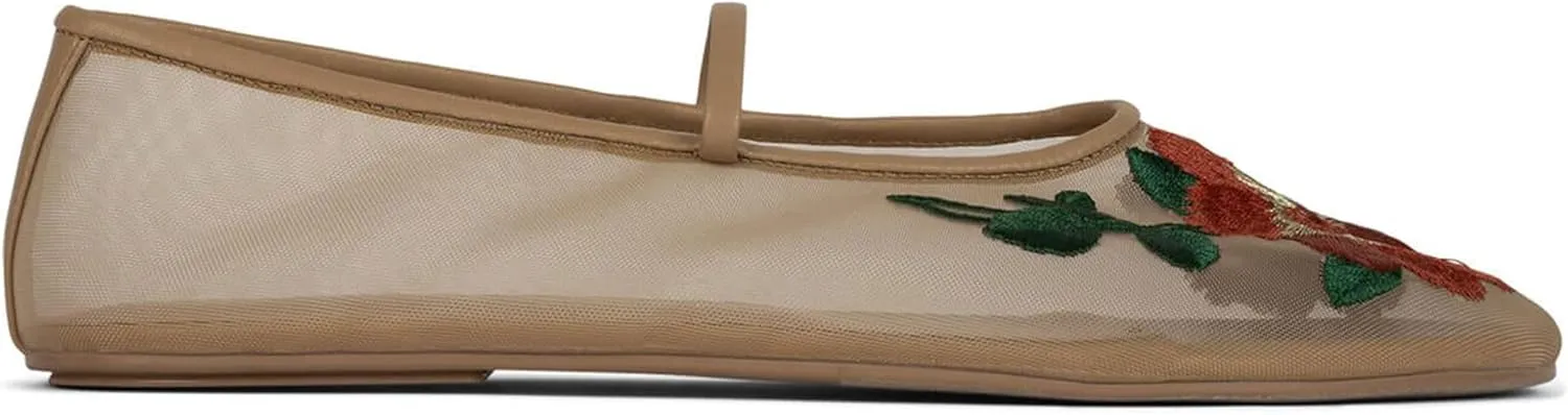 Nude Mesh Ballet Flats for Women Embroidered Flowers Fashion Mary Jane Shoes Comfortable and Elegant Footwear Size 6
