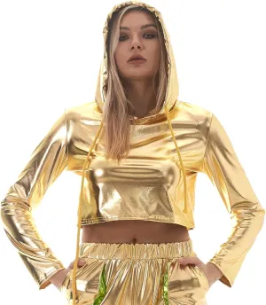 OBEEII Womens Shiny Metallic Crop Top Hoodies Drawstring Long Sleeve Wet Look Pullover Holographic Sweatshirts Club Wear