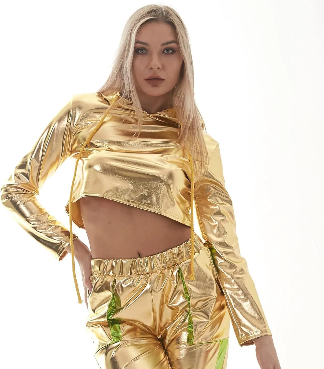 OBEEII Womens Shiny Metallic Crop Top Hoodies Drawstring Long Sleeve Wet Look Pullover Holographic Sweatshirts Club Wear