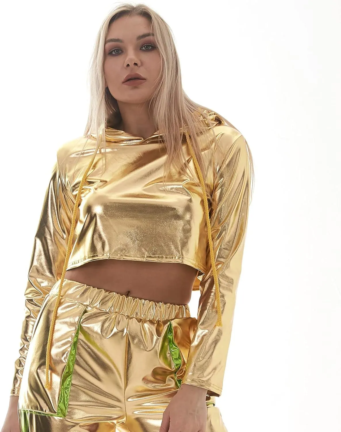 OBEEII Womens Shiny Metallic Crop Top Hoodies Drawstring Long Sleeve Wet Look Pullover Holographic Sweatshirts Club Wear