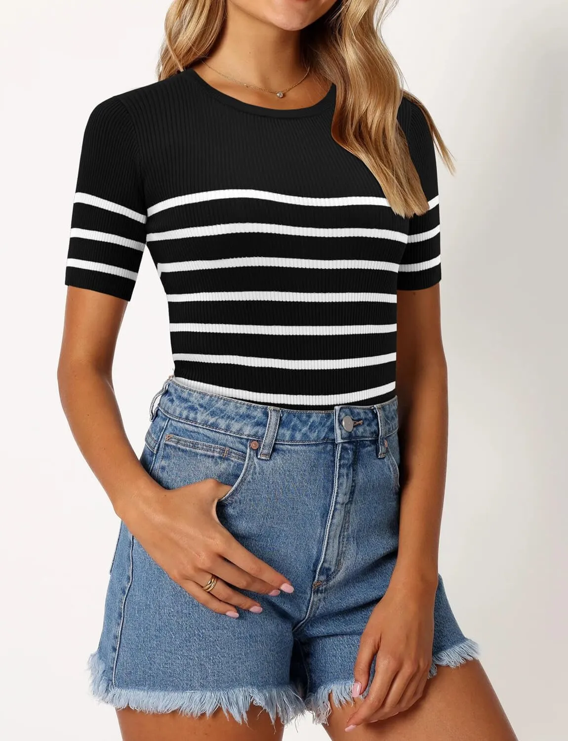 ONLYSHE Womens Short Sleeve T Shirts Summer Crewneck Tops Ribbed Knit Slim Fit Shirt Casual Basic Tees Tops