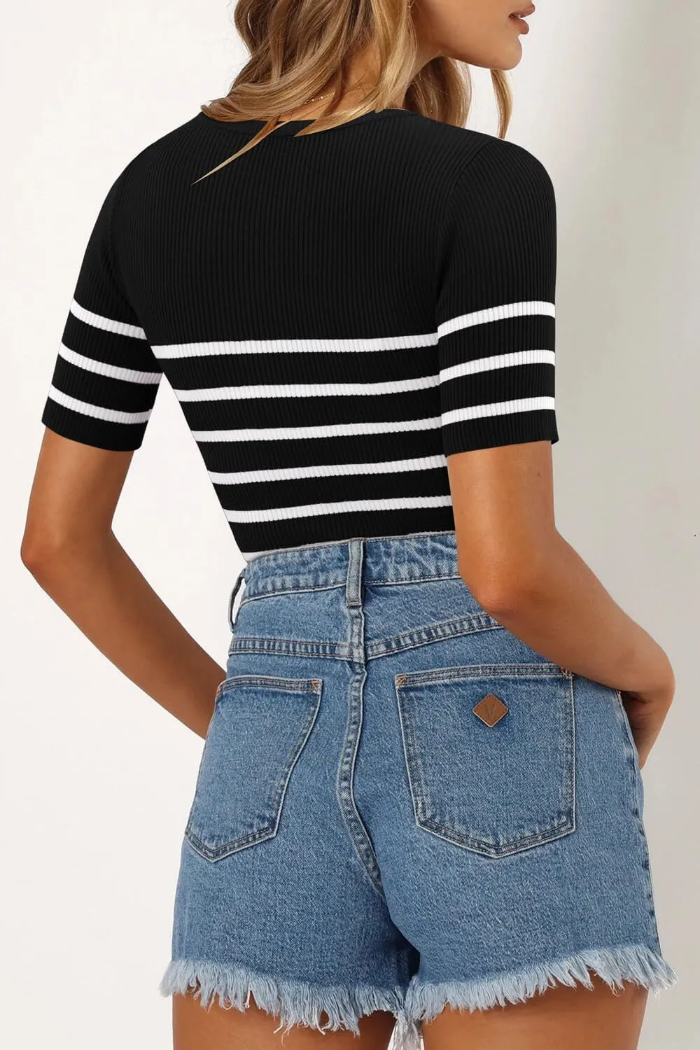 ONLYSHE Womens Short Sleeve T Shirts Summer Crewneck Tops Ribbed Knit Slim Fit Shirt Casual Basic Tees Tops