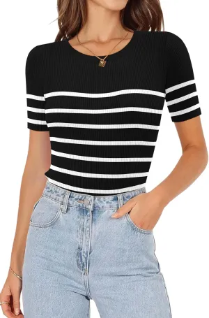 ONLYSHE Womens Short Sleeve T Shirts Summer Crewneck Tops Ribbed Knit Slim Fit Shirt Casual Basic Tees Tops