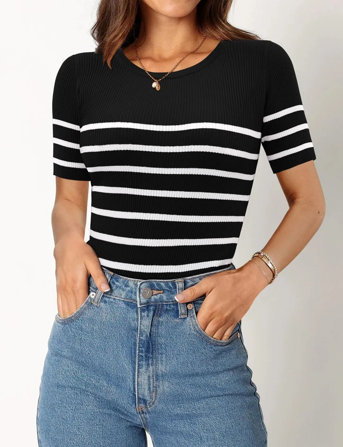 ONLYSHE Womens Short Sleeve T Shirts Summer Crewneck Tops Ribbed Knit Slim Fit Shirt Casual Basic Tees Tops