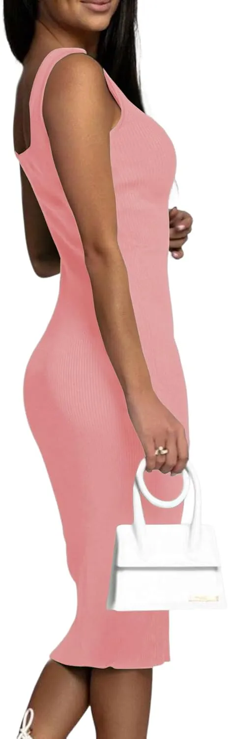 OPOIPIN Women's Square Neck Ribbed Knit Sleeveless Fitted Tank Bodycon Party Midi Dress