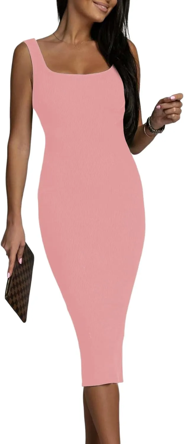 OPOIPIN Women's Square Neck Ribbed Knit Sleeveless Fitted Tank Bodycon Party Midi Dress