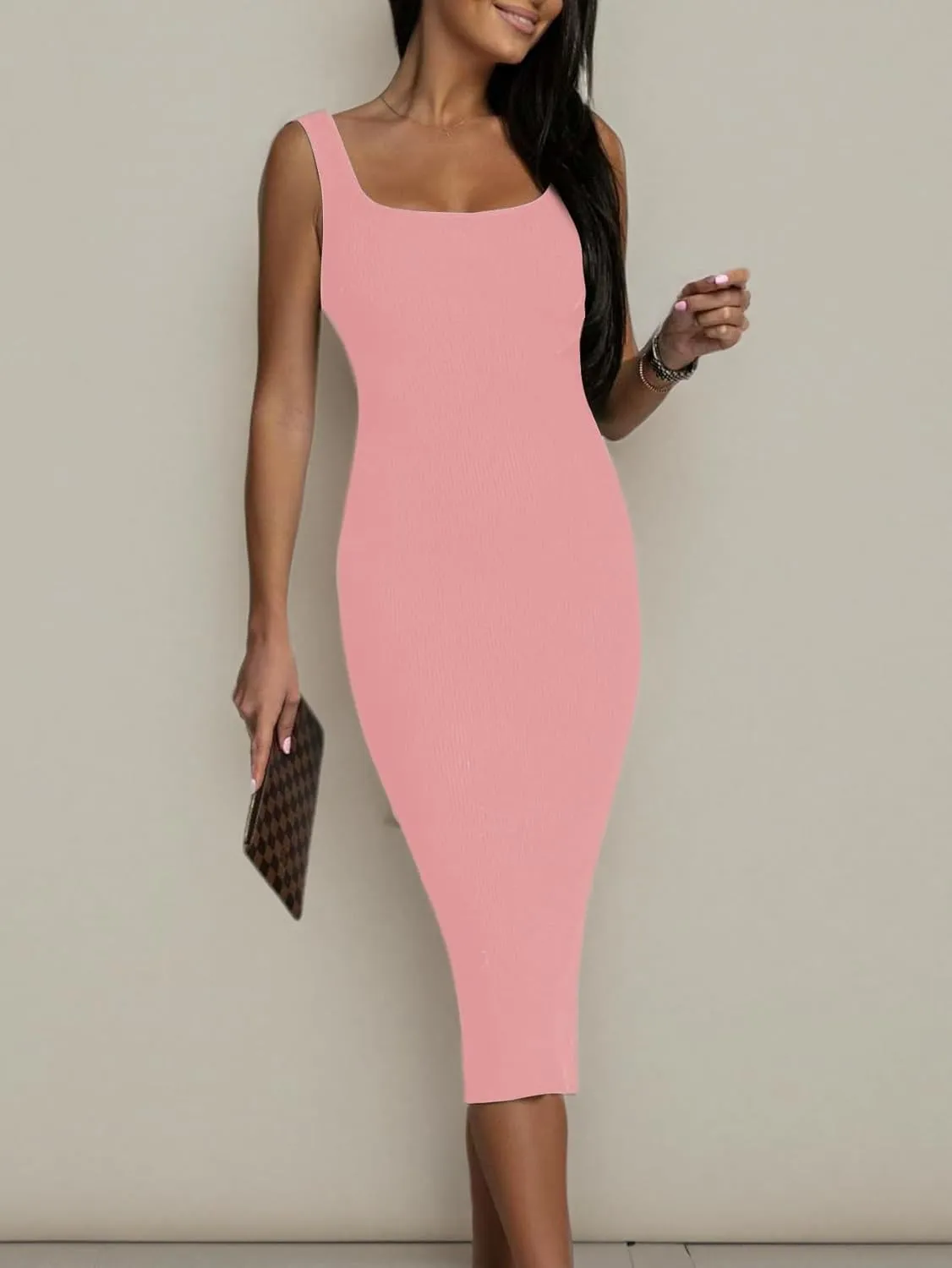 OPOIPIN Women's Square Neck Ribbed Knit Sleeveless Fitted Tank Bodycon Party Midi Dress