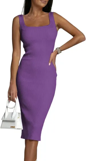 OPOIPIN Women's Square Neck Ribbed Knit Sleeveless Fitted Tank Bodycon Party Midi Dress