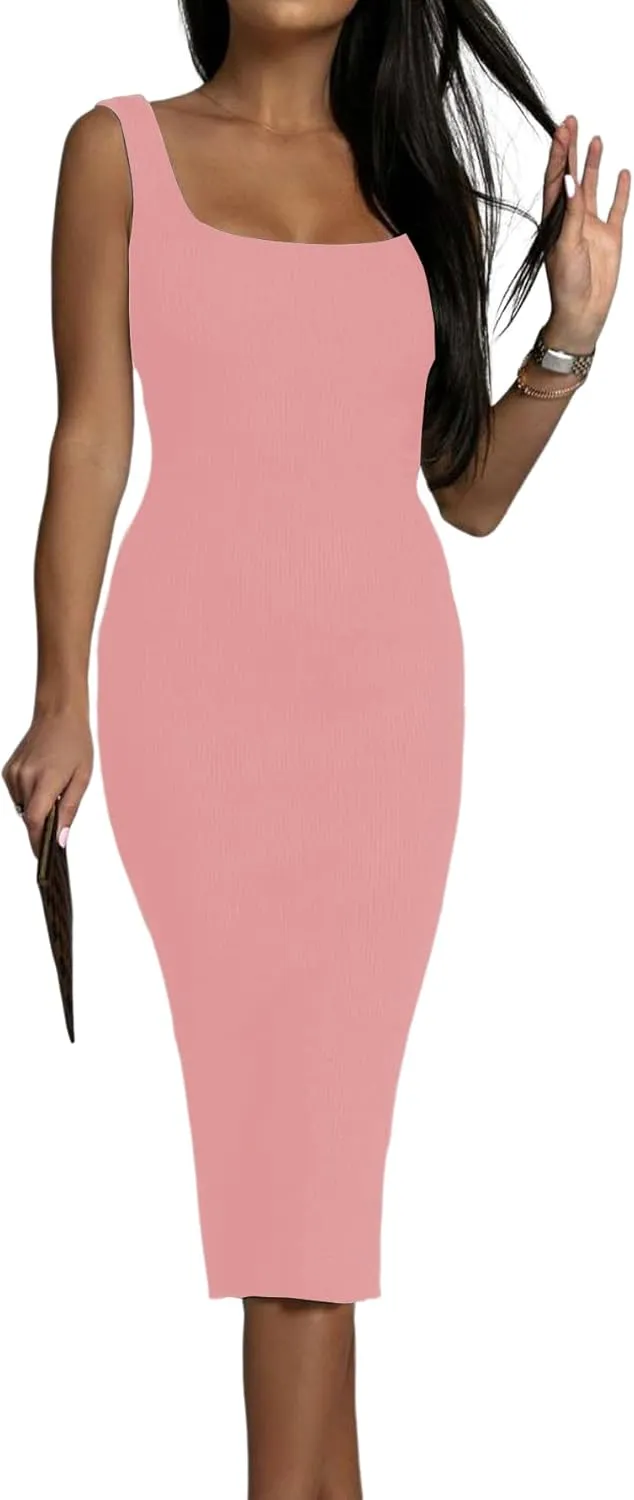 OPOIPIN Women's Square Neck Ribbed Knit Sleeveless Fitted Tank Bodycon Party Midi Dress