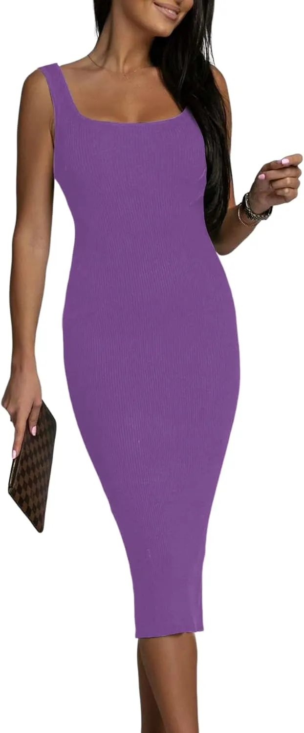 OPOIPIN Women's Square Neck Ribbed Knit Sleeveless Fitted Tank Bodycon Party Midi Dress