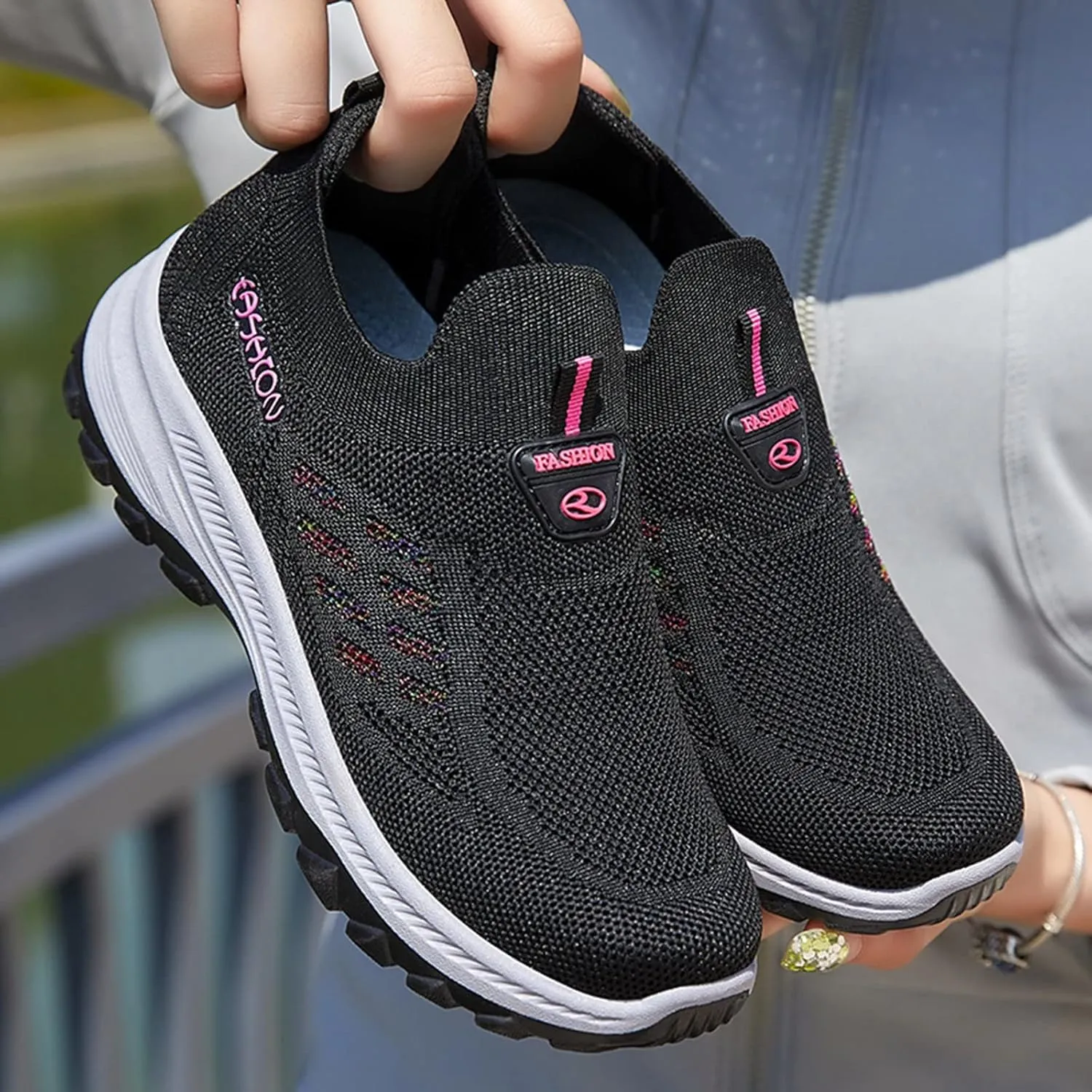 Orthopedic Sneakers for Women Mesh Comfortable Woven Sneaker Breathable Slip On Walking Shoes with Arch Support Wide Width Casual Shoes