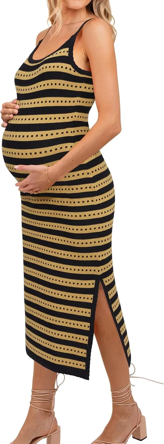 OUGES Womens 2025 Spring Maternity Striped Dress Spaghetti Strap Bodycon Knit Side Slit Midi Sweater Casual Dress
