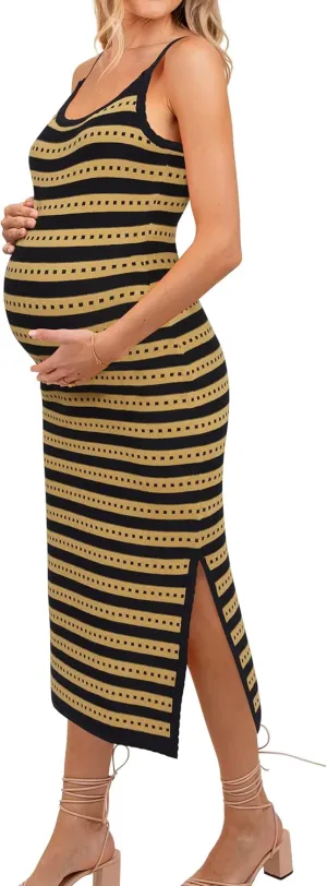 OUGES Womens 2025 Spring Maternity Striped Dress Spaghetti Strap Bodycon Knit Side Slit Midi Sweater Casual Dress