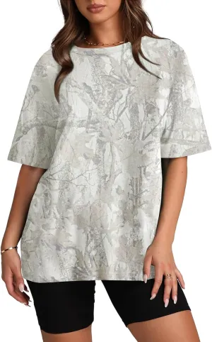 Oversized Camo Shirts for Women Men Maple Leaf Print Short Sleeve Crewneck T-Shirt Casual Loose Y2k Graphic Tee Tops