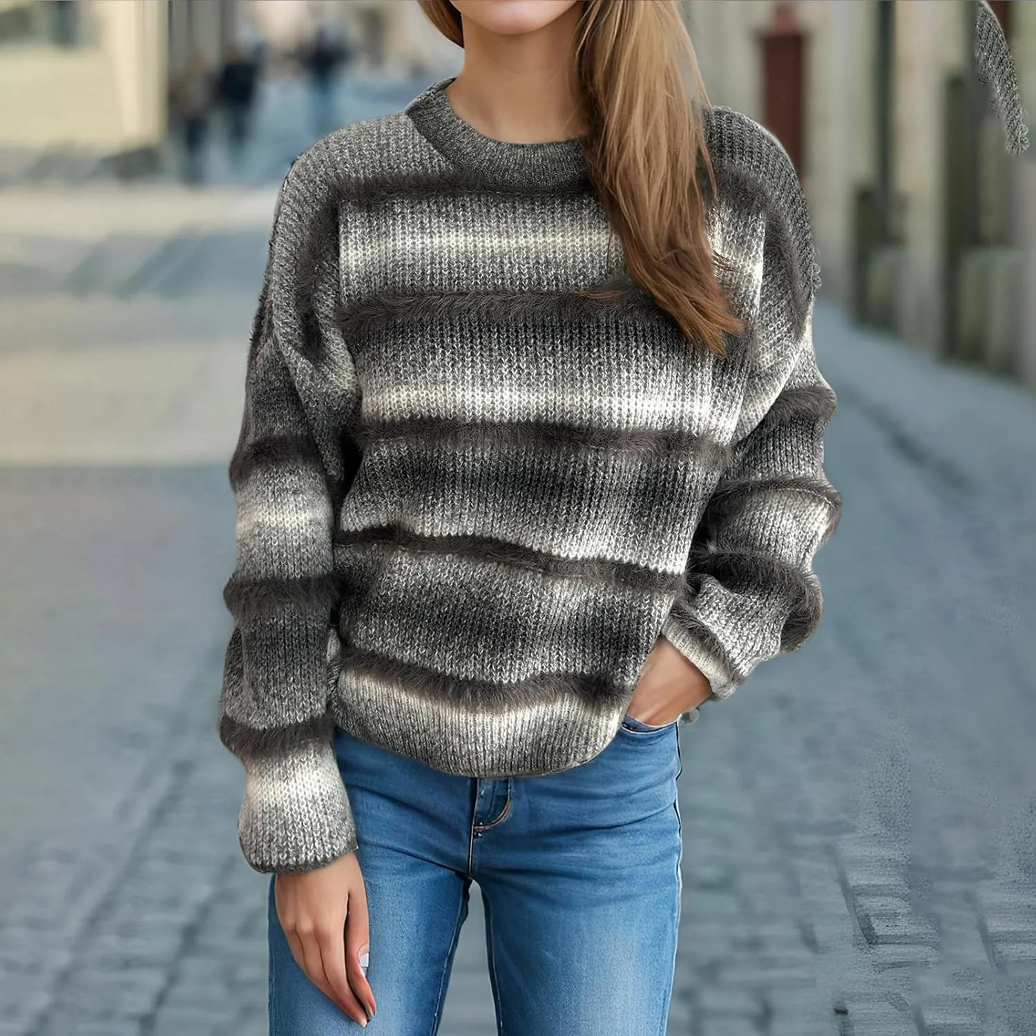 Oversized Color Block Sweaters for Women Dressy Casual Long Sleeve Crewneck Knitted Sweater Tops Fuzzy Pullovers