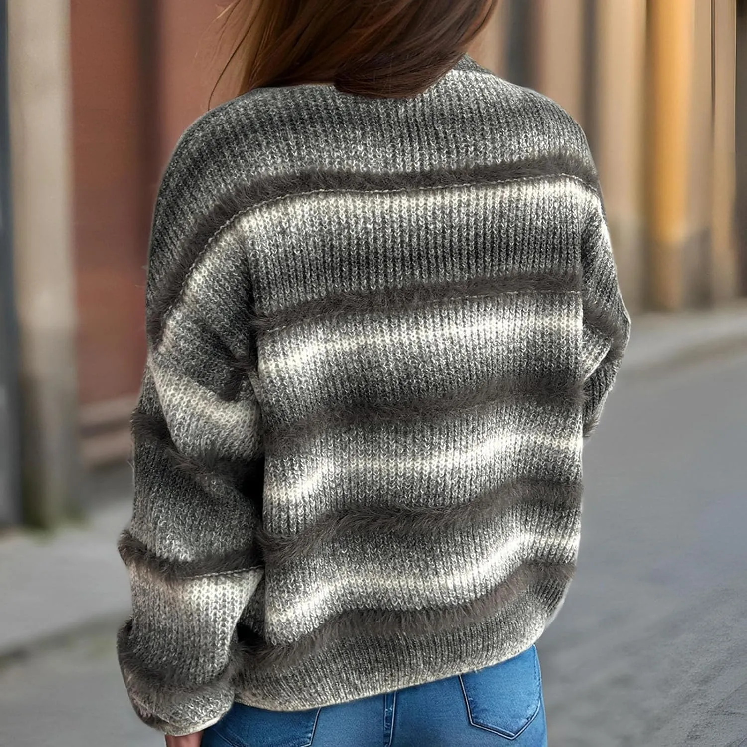 Oversized Color Block Sweaters for Women Dressy Casual Long Sleeve Crewneck Knitted Sweater Tops Fuzzy Pullovers