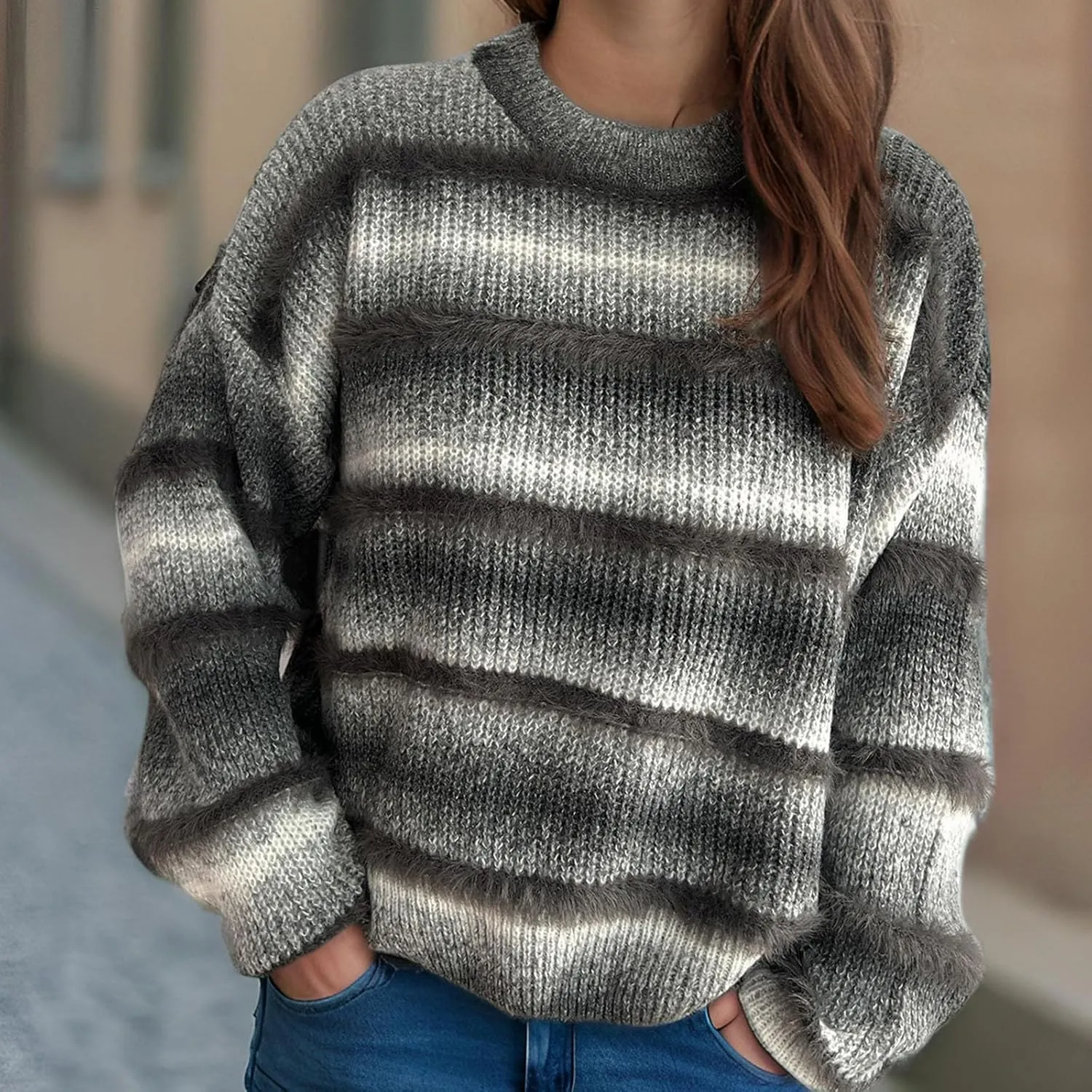 Oversized Color Block Sweaters for Women Dressy Casual Long Sleeve Crewneck Knitted Sweater Tops Fuzzy Pullovers
